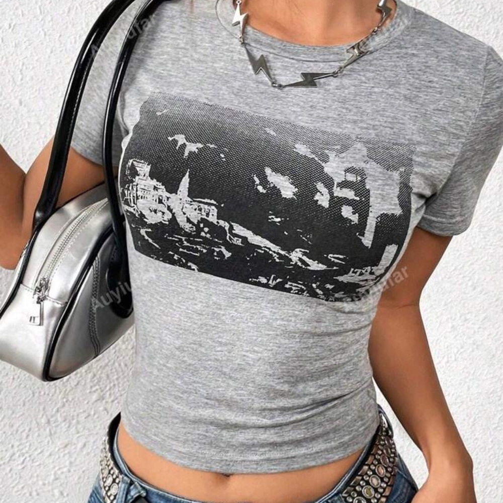 Gray Graphic Print Women's Top